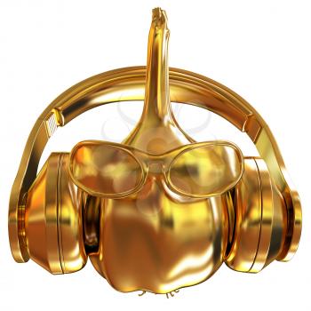 Gold Head of garlic with sun glass and headphones front face on a white background. 3D illustration.