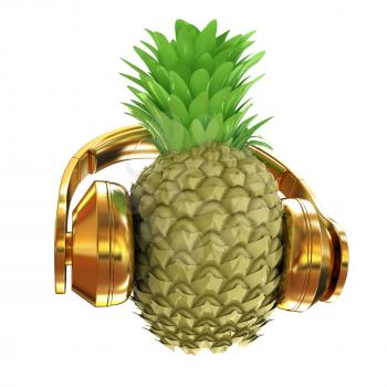 Fashion gold pineapple with headphones listens to music. 3d illustration