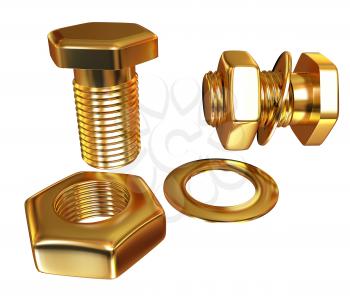 Gold Bolt with nut. 3d illustration