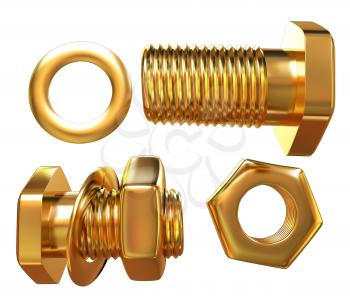 Gold Bolt with nut. 3d illustration