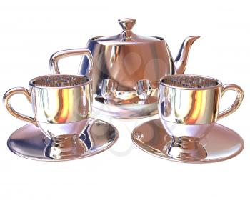 Chrome Teapot and mugs. 3d illustration