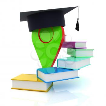 Pointer of education in graduation hat with books around. 3d illustration