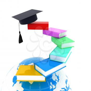 Earth of education with books around and graduation hat. Global Education. 3d illustration