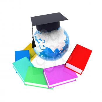Earth of education with books around and graduation hat. Global Education. 3d illustration