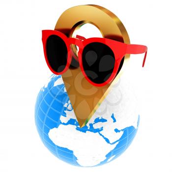 Glamour map pointer in sunglasses on Earth. 3d illustration