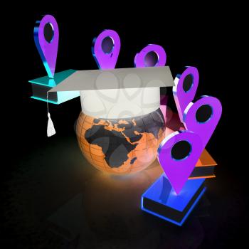 Books around the Earth and pointer. Education and navigation concept. 3d render