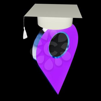 Geo pin with graduation hat on white. School sign, geolocation and navigation. 3d illustration