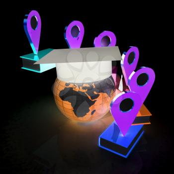 Books around the Earth and pointer. Education and navigation concept. 3d render