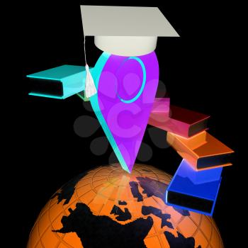 Pointer of education in graduation hat with books around and Earth. 3d illustration