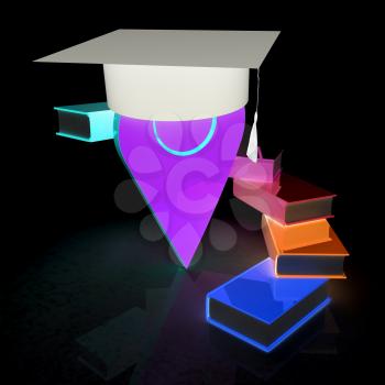 Pointer of education in graduation hat with books around. 3d illustration