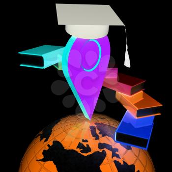 Pointer of education in graduation hat with books around and Earth. 3d illustration
