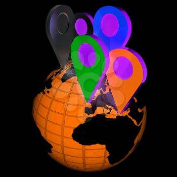 Planet Earth and map pins icon. Earth globe and colorful map labels. Modern graphic elements for web banners, websites, printed materials, infographics. 3d illustration.