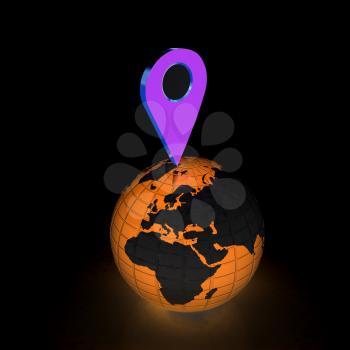 Planet Earth and map pins icon. 3d illustration.