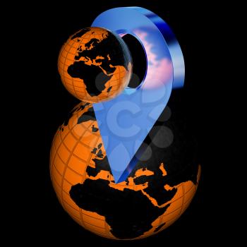 Planet Earth and golden map pins icon on Earth. 3d illustration.
