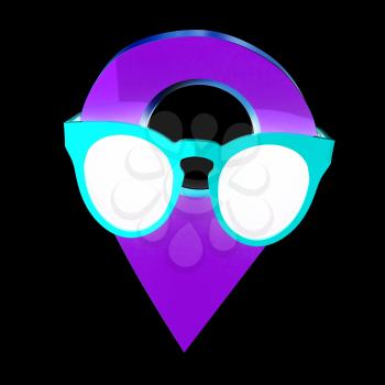 Glamour map pointer in sunglasses. 3d illustration