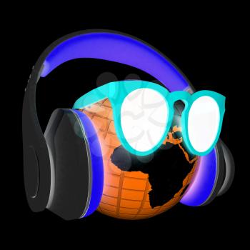 Earth planet with earphones and sunglasses. 3d illustration