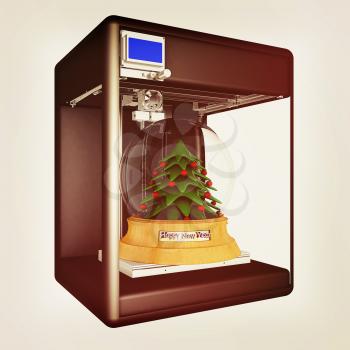 3d printer during work on the Christmas tree. 3d illustration. Vintage style