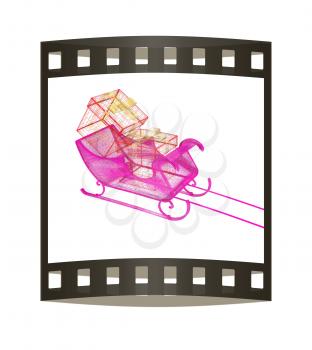 Concept of Christmas Santa sledge with gifts. 3d illustration. The film strip.
