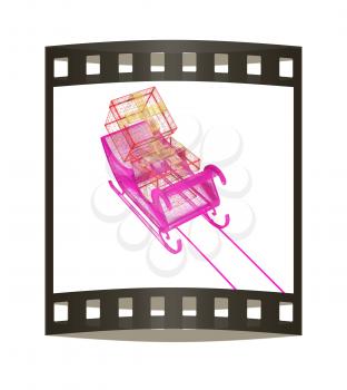 Concept of Christmas Santa sledge with gifts. 3d illustration. The film strip.