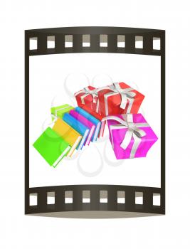 Gifts and books. 3d illustration. The film strip.