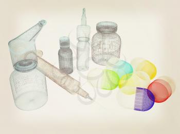 Syringe, tablet, pill jar. 3D illustration. Vintage style
