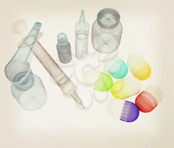Syringe, tablet, pill jar. 3D illustration. Vintage style