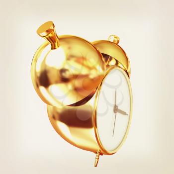 Old style of Gold Shiny alarm clock. 3d illustration. Vintage style
