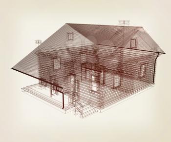 line drawing of house. Top view. 3d illustration. Vintage style
