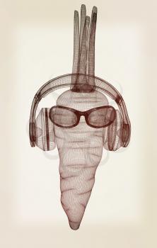 carrot with sun glass and headphones front face on a white background. 3D illustration. Vintage style