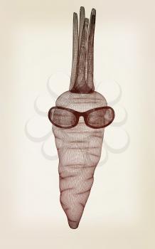 carrot with sun glass and headphones front face on a white background. 3D illustration. Vintage style
