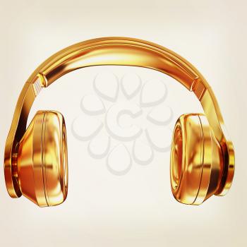 Gold headphones icon on a white background. 3D illustration. Vintage style