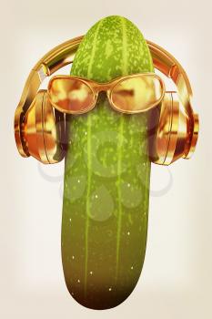 cucumber with sun glass and headphones front face on a white background. 3d illustration. Vintage style