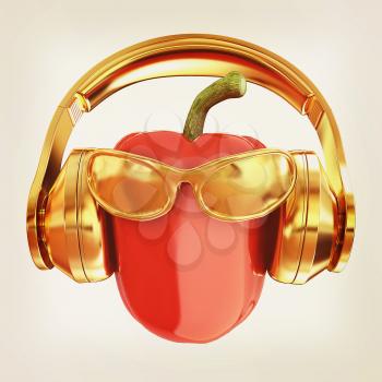Bell peppers with sun glass and headphones front face on a white background. 3d illustration. Vintage style
