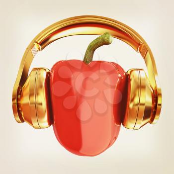 Bell peppers with headphones on a white background. 3d illustration. Vintage style