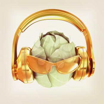 Green cabbage with sun glass and headphones front face on a white background. 3d illustration. Vintage style