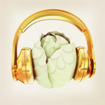 Green cabbage with headphones on a white background. 3d illustration. Vintage style