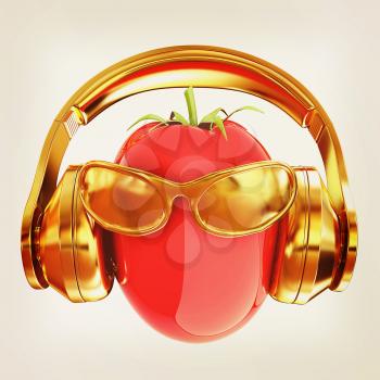 tomato with sun glass and headphones front face on a white background. 3D illustration. Vintage style