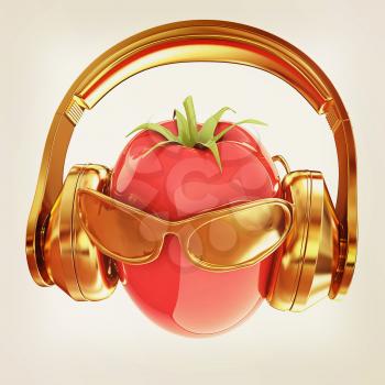 tomato with sun glass and headphones front face on a white background. 3D illustration. Vintage style