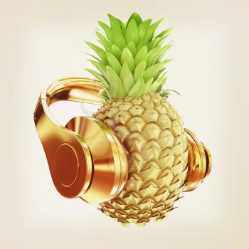 Fashion gold pineapple with headphones listens to music. 3d illustration. Vintage style