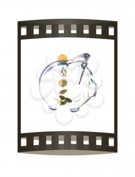 glass piggy bank with golden coins. 3d illustration. The film strip.