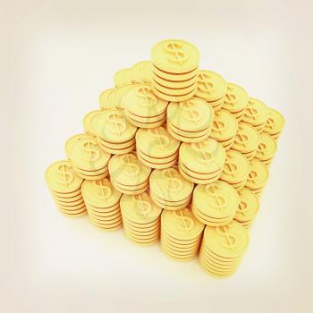 pyramid from the golden coins. 3d illustration. Vintage style