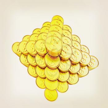 pyramid from the golden coins. 3d illustration. Vintage style