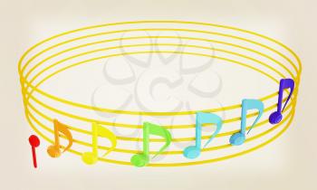 Various music notes on stave. Colorfull 3d. 3D illustration. Vintage style