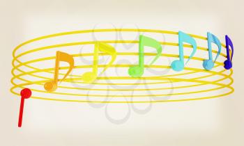Various music notes on stave. Colorfull 3d. 3D illustration. Vintage style