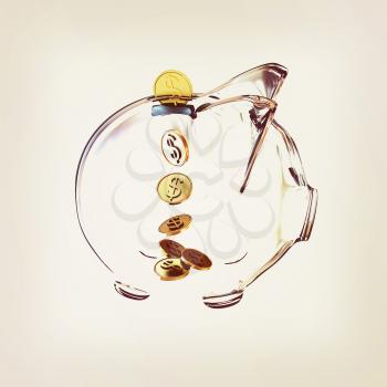 glass piggy bank with golden coins. 3d illustration. Vintage style