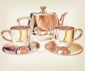 Chrome Teapot and mugs. 3d illustration. Vintage style