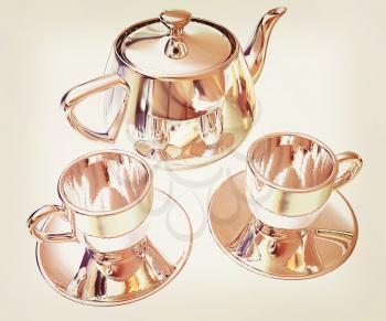 Chrome Teapot and mugs. 3d illustration. Vintage style