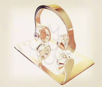 Smartphone with headphones. Chrome icon. 3d illustration. Vintage style