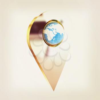 Realistic 3d pointer of map with Earth. Global concept. 3d illustration. Vintage style