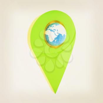 Realistic 3d pointer of map with Earth. Global concept. 3d illustration. Vintage style
